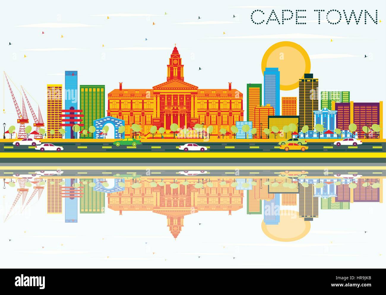 Cape Town avec toits de bâtiments, de couleur bleu ciel et réflexions. vector illustration. Les voyages d'affaires et tourisme concept avec l'architecture moderne. Illustration de Vecteur