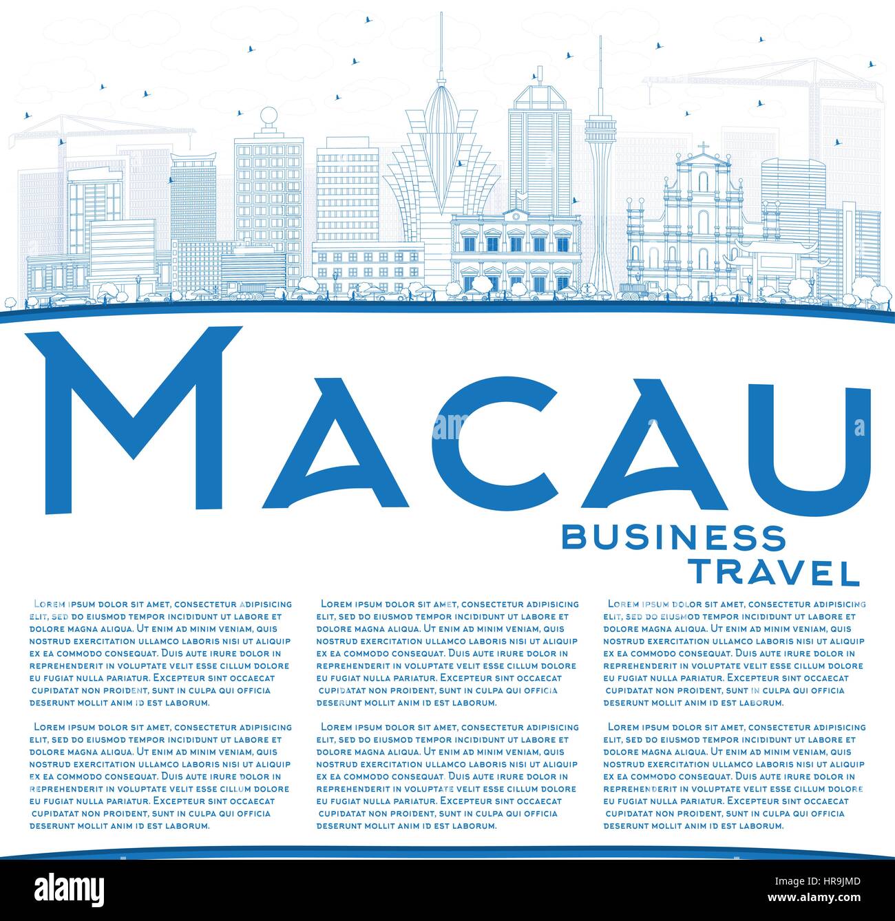 Macao contour bleu horizon avec les bâtiments et l'espace de copie. vector illustration. Les voyages d'affaires et tourisme concept avec l'architecture moderne. Illustration de Vecteur