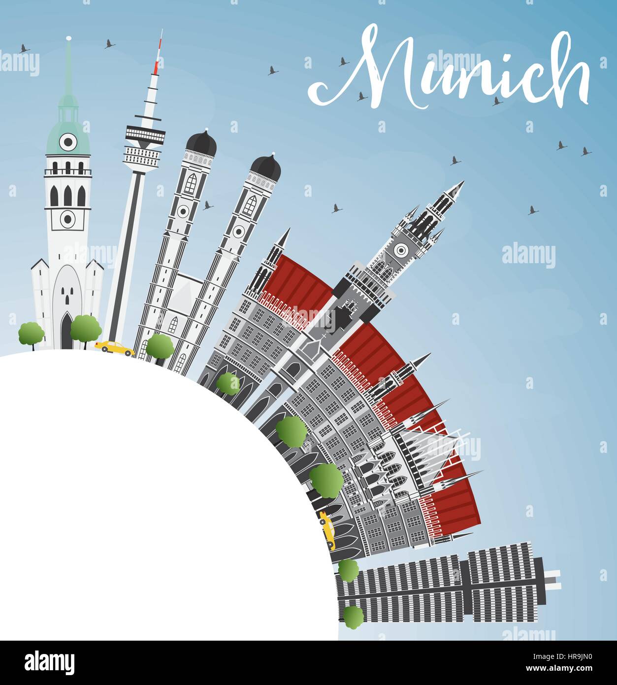 Les toits de Munich avec les bâtiments gris, bleu ciel et espace copie. vector illustration. Les voyages d'affaires et tourisme concept avec l'architecture historique. Illustration de Vecteur