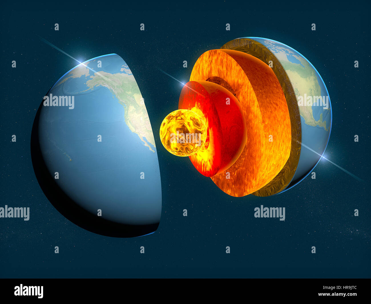 La structure de la terre, la division en couches, la croûte terrestre et core. Le rendu 3D Banque D'Images