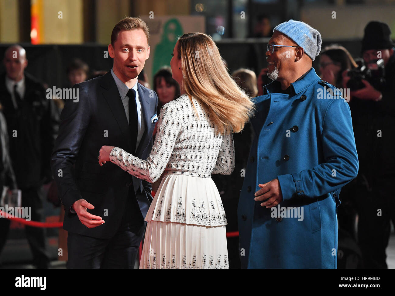 Tom Hiddleston, Brie Larson et Samuel L. Jackson participant à la Kong Skull Island : Premiere hémisphère au Cineworld Leicester Square, Londres. ASSOCIATION DE PRESSE Photo. Photo date : mardi 28 février 2017. Voir PA Story SHOWBIZ Kong. Crédit photo doit se lire : J Chris Ratcliffe/PA Wire Banque D'Images