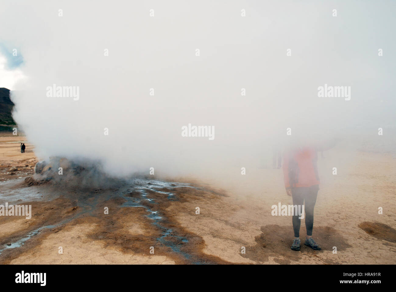 Un spot réputé pour ses bassins à bulles, fosses de boue bouillante et fumante, gaz sulfurique émettant des fumerolles, Namjafall Hevrir, Islande. Banque D'Images