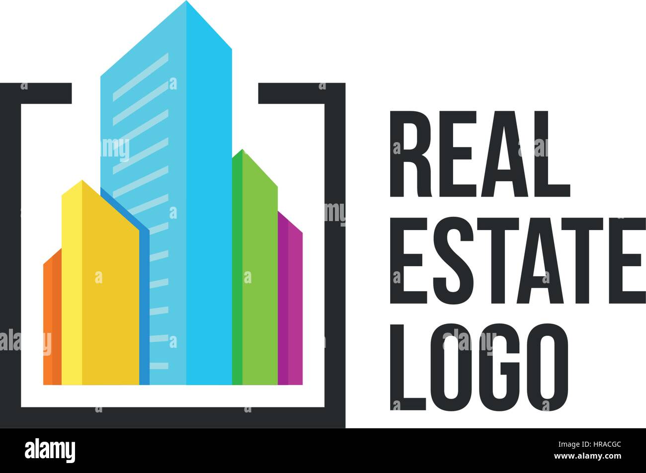 Agence immobilière colorés isolé, maison logo logotype sur blanc, accueil concept icône, gratte-ciel vector illustration. Illustration de Vecteur