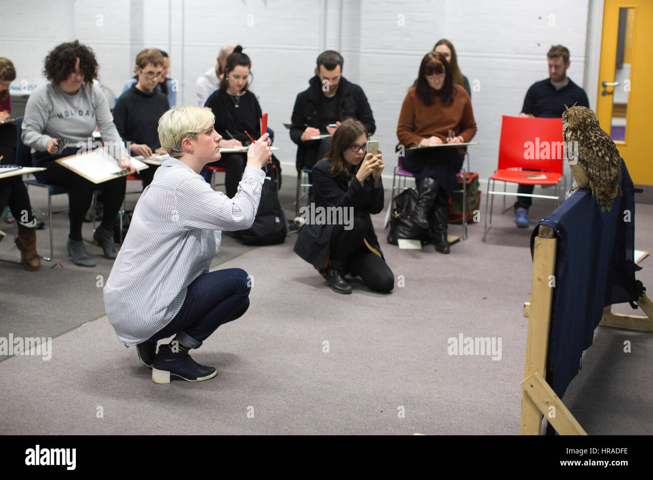 Les personnes assistant à une soirée d'art de dessin dessin classe Bengale eagle-hiboux et d'autres animaux sauvages, London, UK Banque D'Images