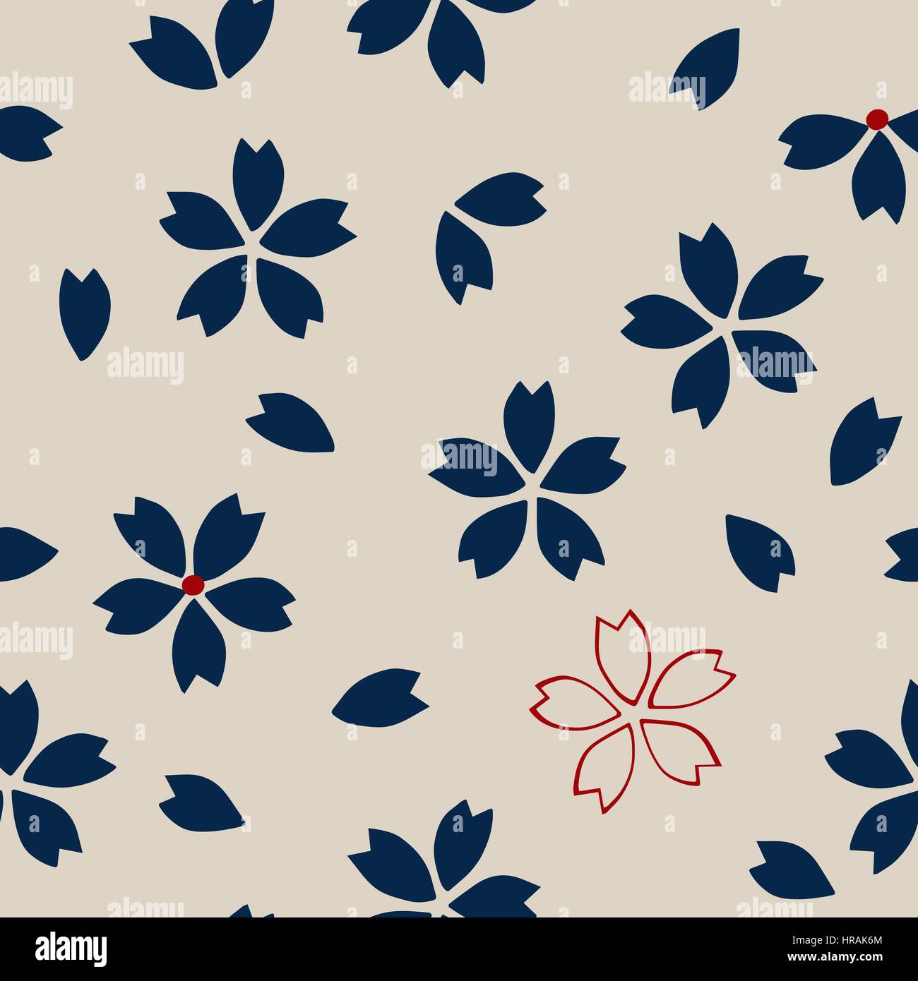 Seamless pattern sakura japonais traditionnel. Cherry Blossom, bleu marine et rouge sur fond écru. Design textile ethnique. Illustration de Vecteur
