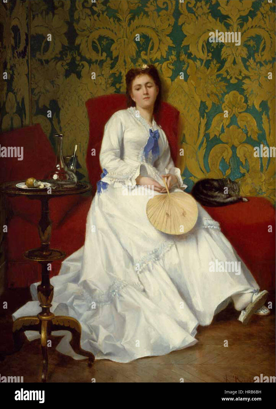 Roosenboom-Lady-en-blanc-avec-Fan Banque D'Images