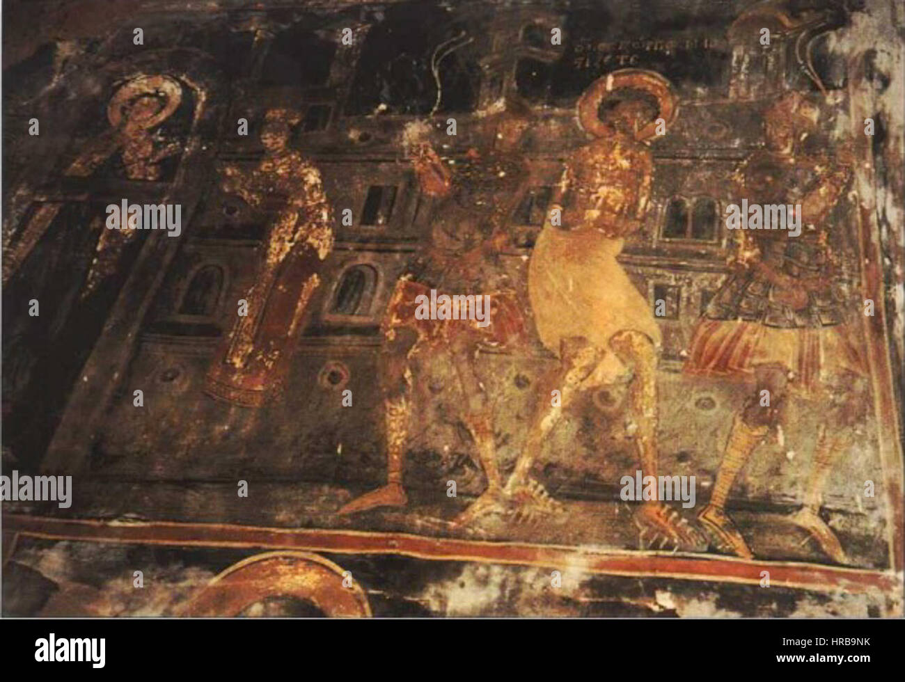 Une fresque du XVIIe siècle représentant le martyre de saint Georges, dans l'église saint Georges de Mouzevikis à Kastoria, créée entre 1657 et 1663. Banque D'Images