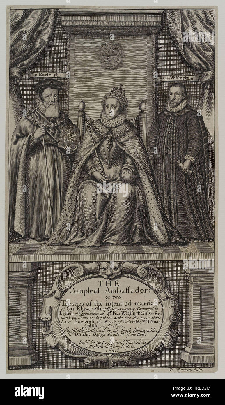 La reine Elizabeth I ; Sir Francis Walsingham, William Cecil, 1er baron Burghley par William Faithorne Banque D'Images