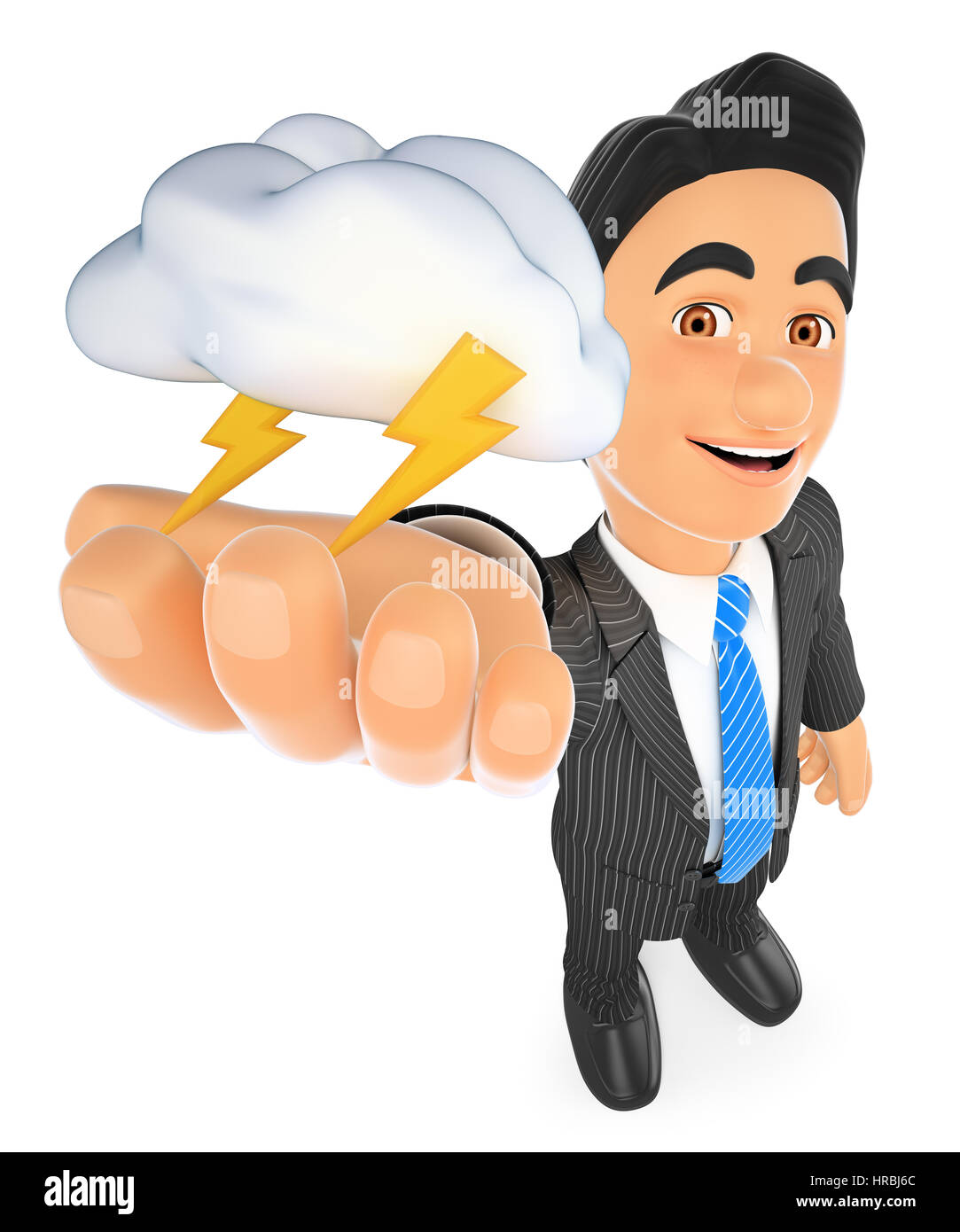 Les gens d'affaires 3d illustration. Homme météo avec le cloud et la foudre. Jour d'orage. Isolé sur fond blanc. Banque D'Images