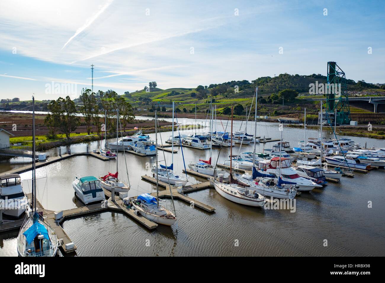 Marina Park et pont ferroviaire Haystack, Petaluma, Californie, le 27 novembre 2016. Banque D'Images