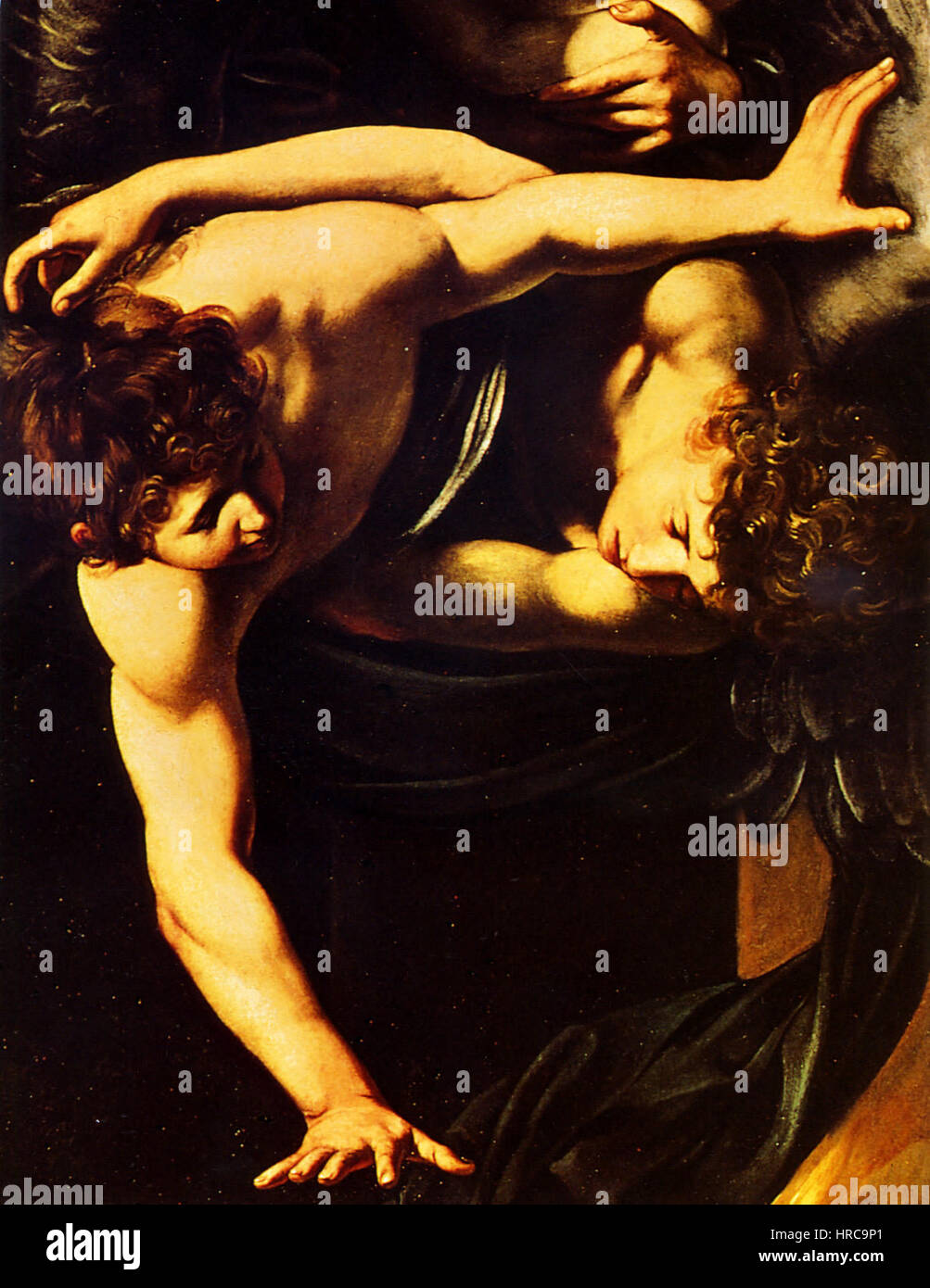 La 'Sette Opere di Misericordia' (sept œuvres de miséricorde) est une peinture détaillée représentant des actes de charité et de gentillesse. Cette partie particulière met en évidence la profondeur émotionnelle et la signification morale d'aider les autres, vu à travers le prisme des religieux compris Banque D'Images