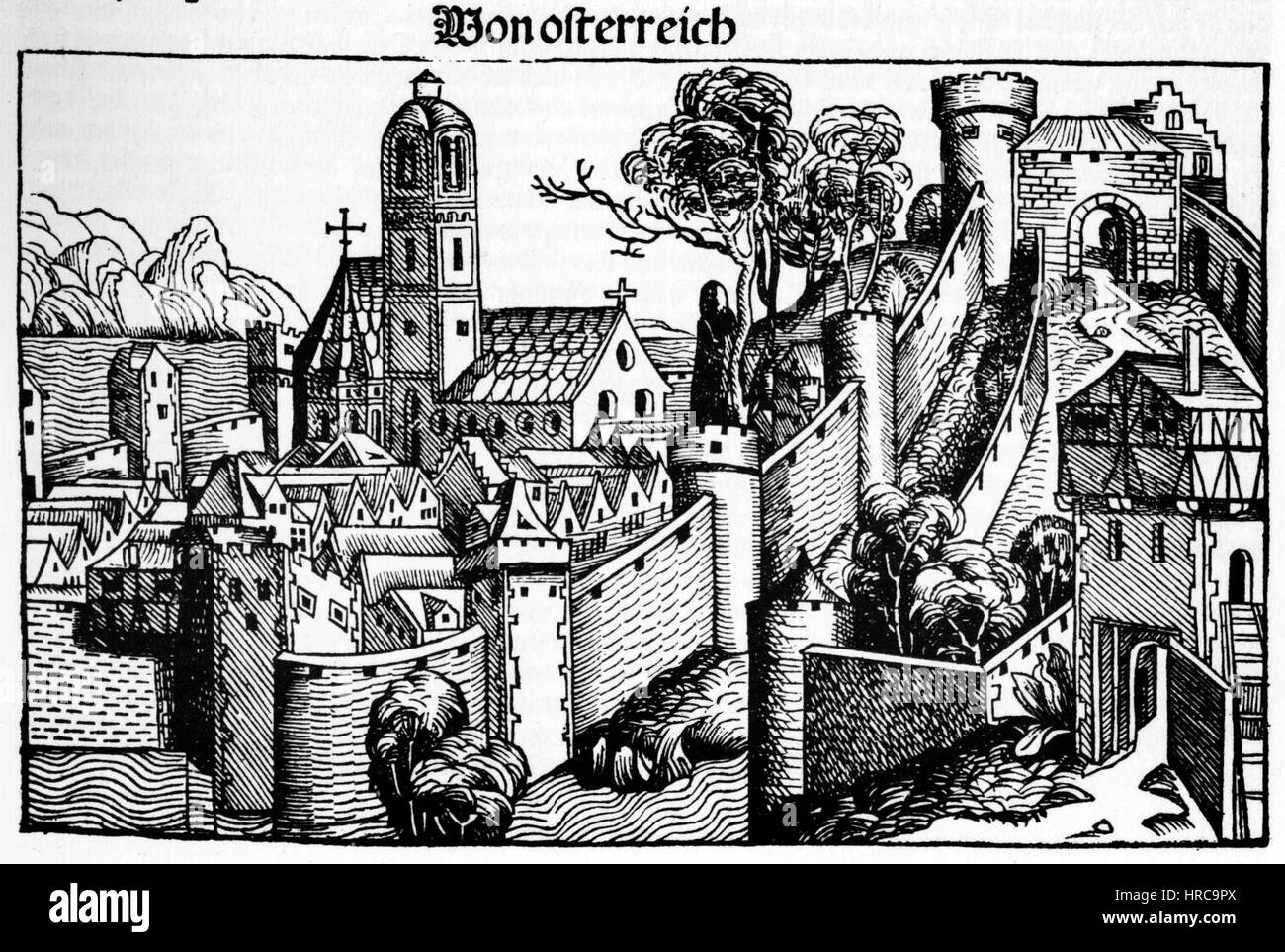 La 'Schedelsche Weltchronik' est une chronique mondiale présentant des descriptions détaillées d'événements historiques et de régions. L'entrée pour Steyr présente cette ville autrichienne dans le contexte de l'histoire médiévale européenne, capturant des monuments importants et l'histoire locale. Banque D'Images