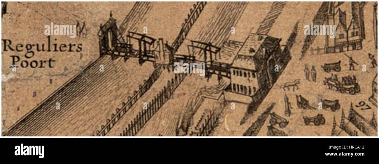 Illustration historique de la porte Regulierspoort à Amsterdam, créée en 1657. La pièce souligne l'importance architecturale et culturelle de cette porte de ville pendant l'âge d'or néerlandais. La porte a été un élément urbain important, facilitant le commerce et la communication. L'œuvre présente le design détaillé et les éléments structurels du Regulierspoort. Banque D'Images