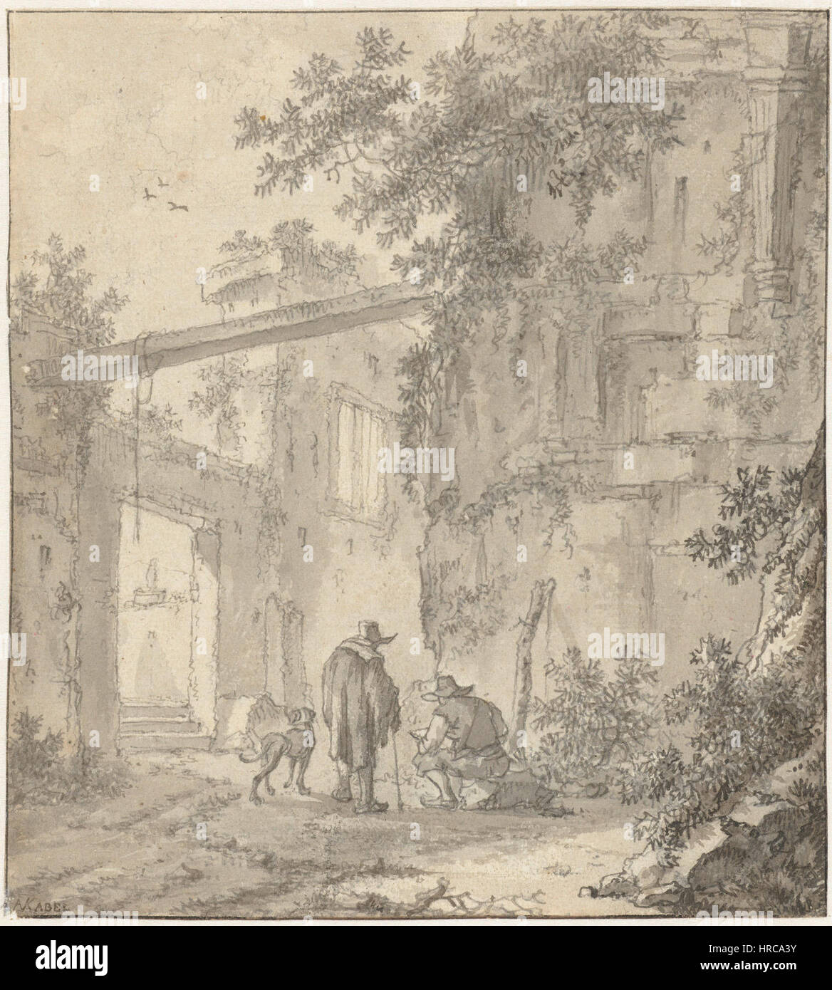 La représentation des ruines classiques d’Adriaen van der Kabel capture la nature romantique et nostalgique de l’architecture ancienne. La peinture souligne la beauté des structures en décomposition et le passage du temps, thèmes populaires dans les hollandais du XVIIe siècle Banque D'Images