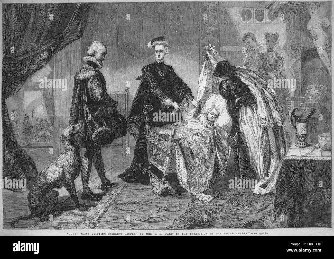 *Queen Mary quittant le château de Stirling* par William Luson Thomas décrit le moment où la reine Marie d'Écosse quitte le château de Stirling. La peinture capture l’intensité émotionnelle de cet événement historique, dépeignant le sentiment de perte et de détermination de la reine. Banque D'Images