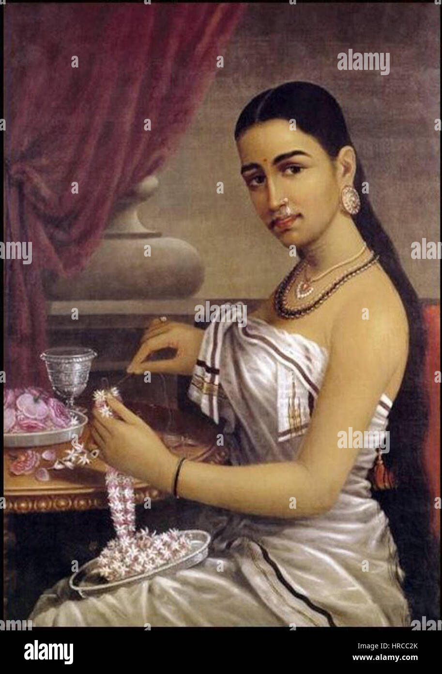 Raja Ravi Varma, Dame avec guirlande de fleurs Banque D'Images