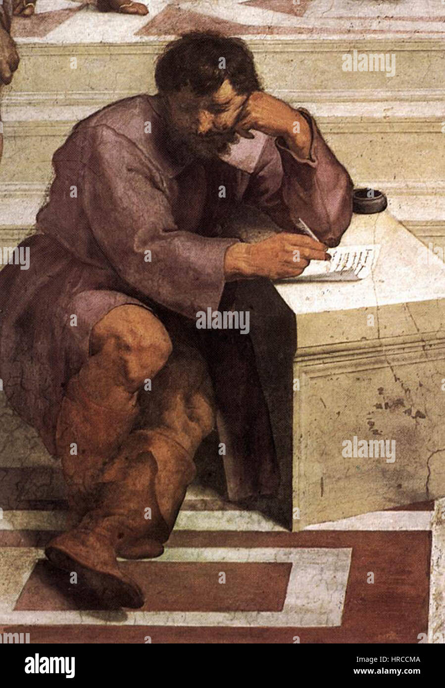 Ce tableau, attribué à Sanzio, représente Héraclite, philosophe grec, connu pour sa doctrine du changement et l'unité des opposés. La pièce capte le philosophe dans un moment de réflexion profonde sur la nature de la réalité. Banque D'Images