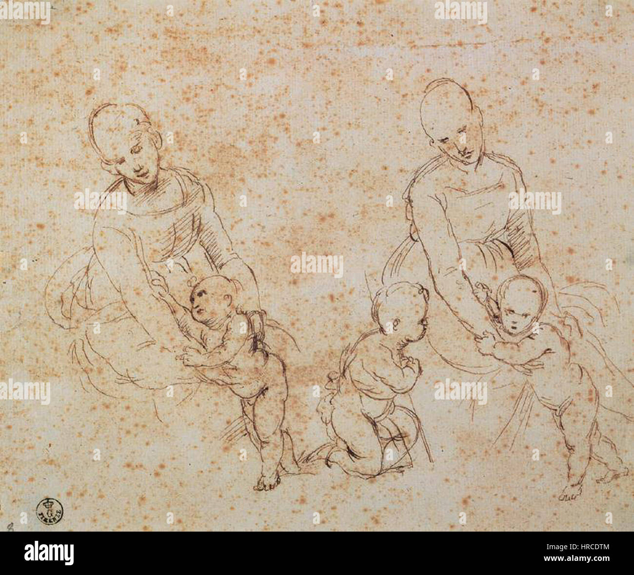 'Studio per la Madonna col Bambino' est un dessin préparatoire de Raphaël pour ses célèbres peintures 'Madonna et enfant'. Il met en valeur l’approche délicate et équilibrée de Raphaël dans la représentation de la Vierge Marie et de l’enfant Jésus, soulignant sa maîtrise de la composition et de la grâce. Banque D'Images