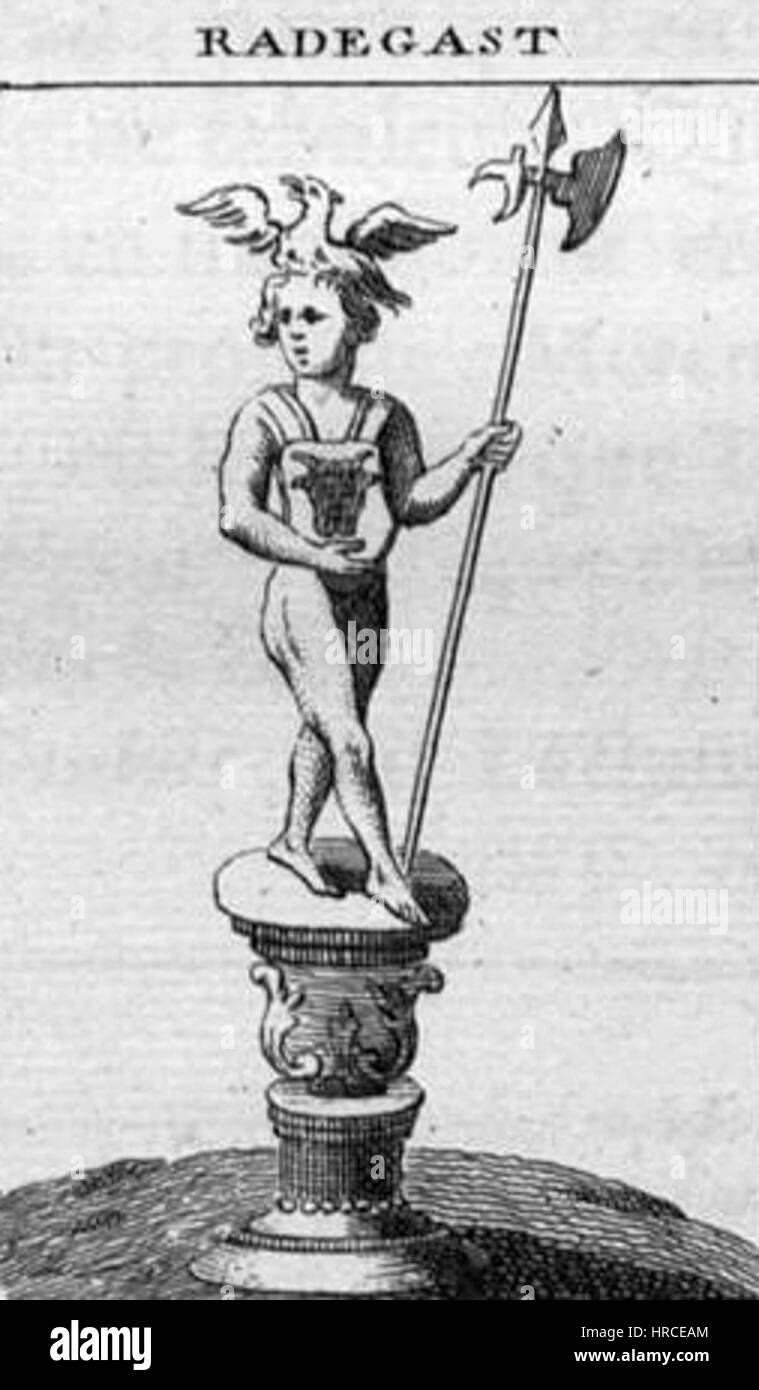 « Radegast » représenté dans l’œuvre de Montfaucon en 1722 fait référence au Dieu slave de l’hospitalité. L'image montre une représentation de cette figure ancienne, reflétant les traditions culturelles et religieuses du paganisme slave. Banque D'Images