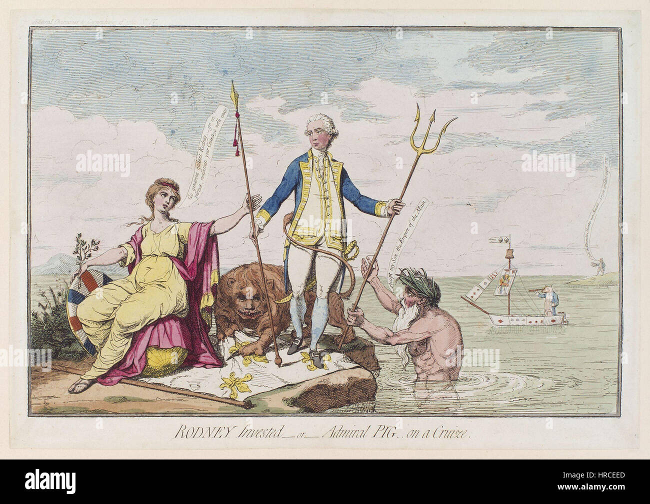 Rodney investi par Elizabeth d'Achery représente l'amiral George Bridges Rodney, 1er baron Rodney, et ses collègues, dont Hugh Pigot et Charles James Fox, à bord d'une croisière navale. L'œuvre capture un moment de l'histoire navale du XVIIIe siècle. Banque D'Images