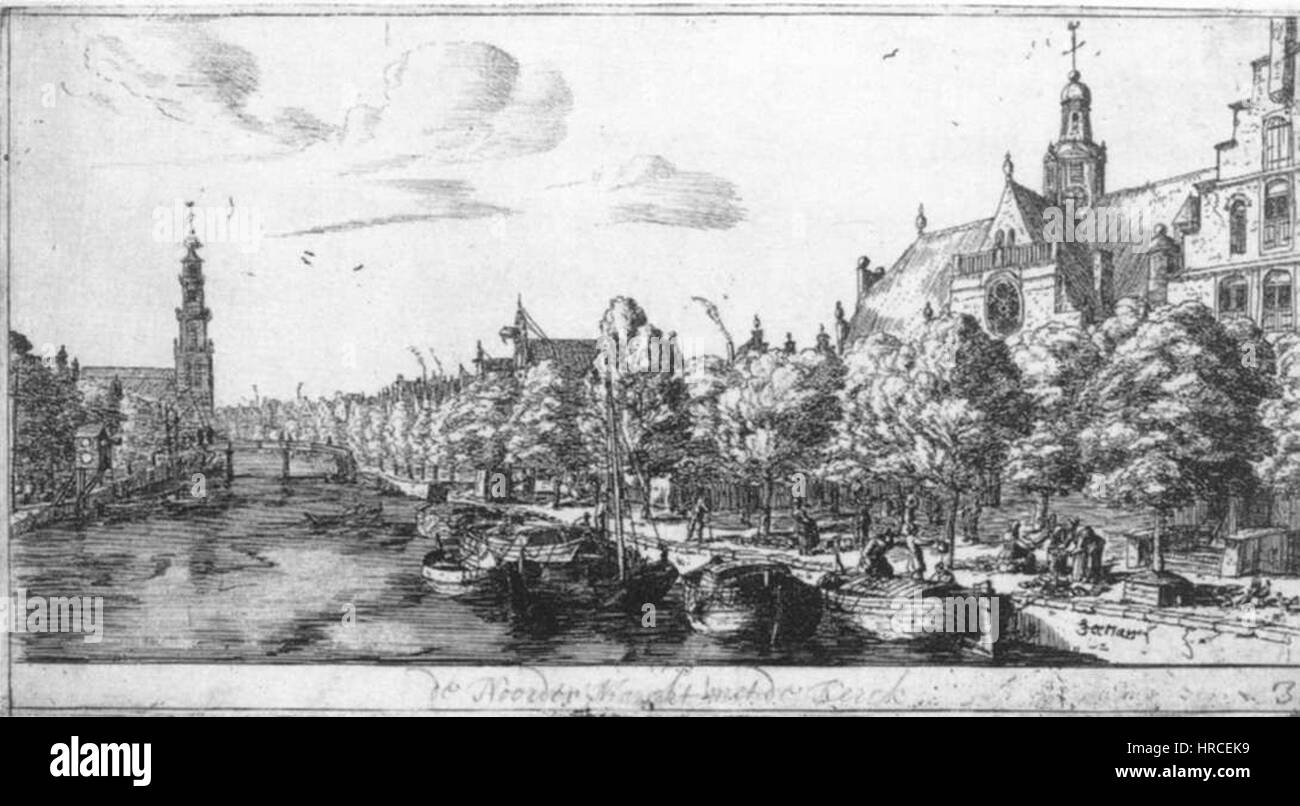 Reinier Nooms, un peintre néerlandais, a créé « le Prinsengracht et le Noorderkerk à Amsterdam », une représentation détaillée du paysage urbain d'Amsterdam. La peinture capture les caractéristiques architecturales du canal Prinsengracht et du Noorderkerk, reflétant le style caractéristique de la ville au XVIIe siècle. Le travail de Nooms fournit un aperçu précieux de l'histoire culturelle et architecturale de la ville pendant l'âge d'or néerlandais. Banque D'Images