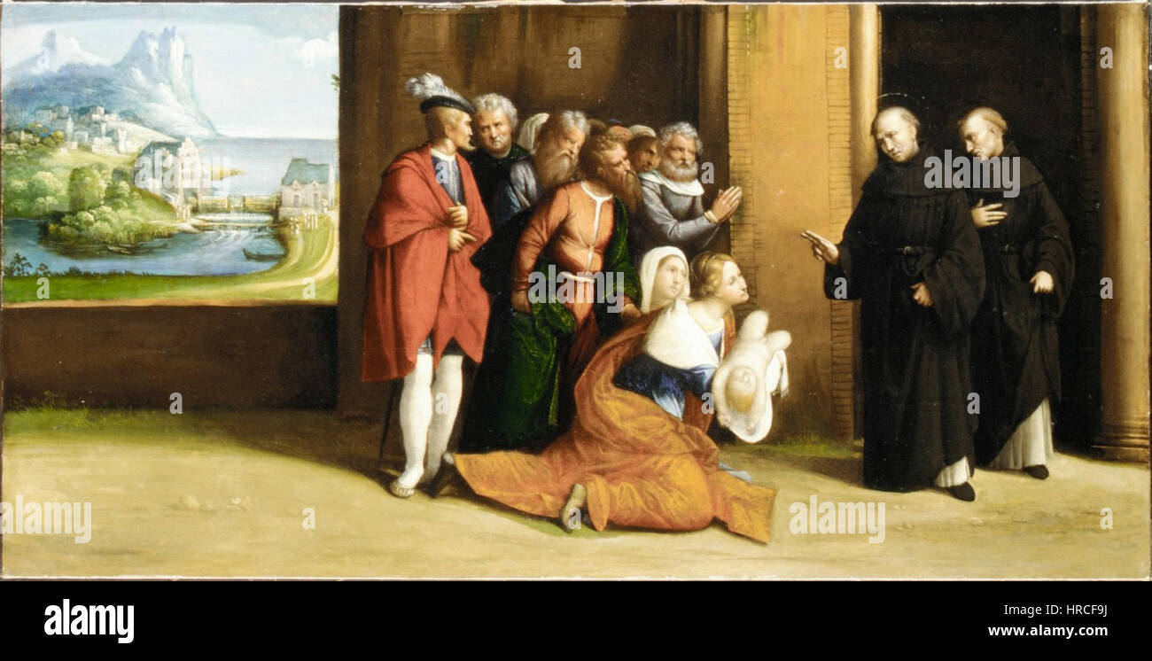 Saint Nicolas de Tolentino ressusciter un enfant par Benvenuto Tisi Banque D'Images