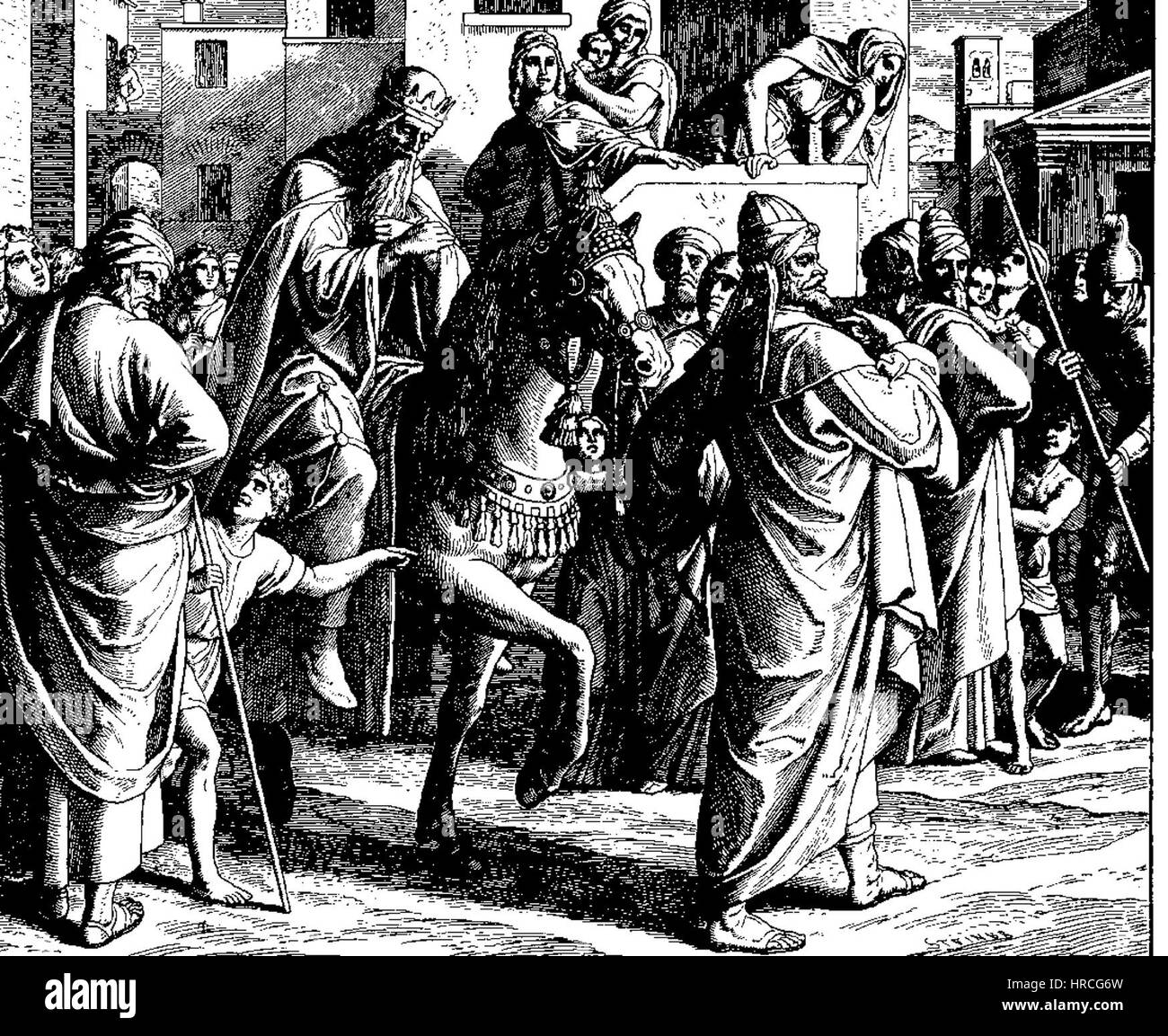 Le Bibel in Bildern (Bible en images) de Schnorr von Carolsfeld est une célèbre série d'illustrations datant de 1860, représentant des scènes de l'ancien et du Nouveau Testament. Ses gravures détaillées reflètent à la fois la grandeur et l'aspect humain des histoires bibliques, mettant en valeur son habileté dans la narration visuelle. Banque D'Images