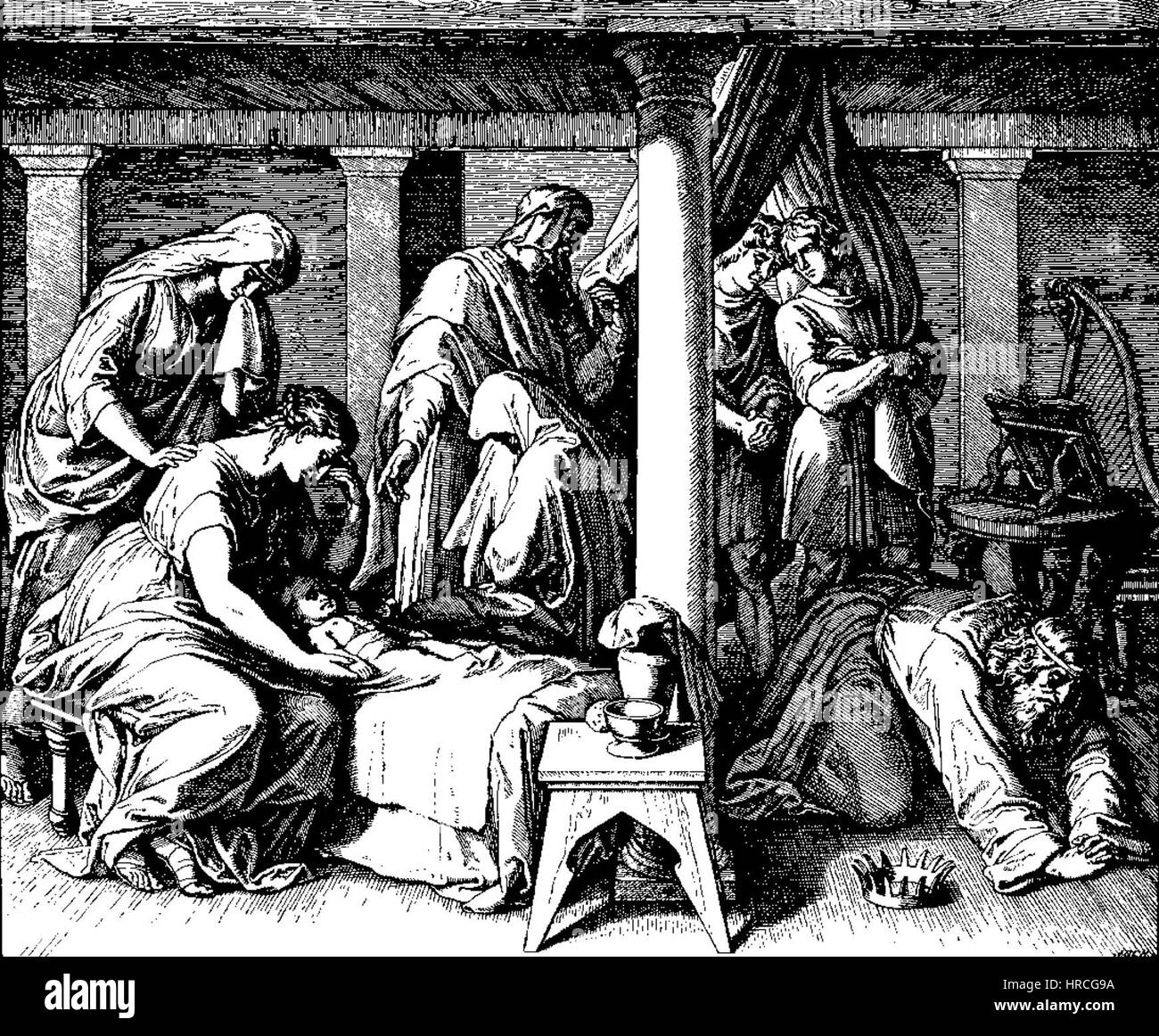 Cette image de la série 'Bible en images' de Julius Schnorr von Carolsfeld, créée en 1860, illustre une scène biblique avec des détails vifs, capturant un moment clé des écritures chrétiennes. Banque D'Images