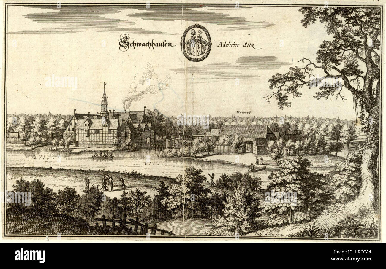 Le Schwachhausen Adelicher Sitz est un manoir historique représenté dans l'œuvre de Merian. L'œuvre met en valeur la grandeur et les caractéristiques architecturales de ce siège noble, reflétant le patrimoine aristocratique de la région. Banque D'Images