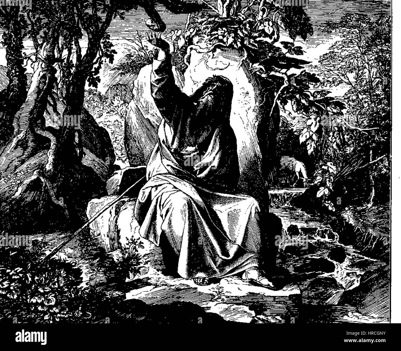 Le Bibel in Bildern (Bible en images) de Schnorr von Carolsfeld est une Bible illustrée, où les gravures de l’artiste décrivent des événements bibliques clés. L’œuvre, publiée en 1860, reflète la capacité de l’artiste à transmettre des récits religieux avec une intensité émotionnelle. Grâce à des gravures détaillées, Schnorr von Carolsfeld donne vie à des scènes de l'ancien et du Nouveau Testament, créant un récit visuel de l'histoire chrétienne. Banque D'Images