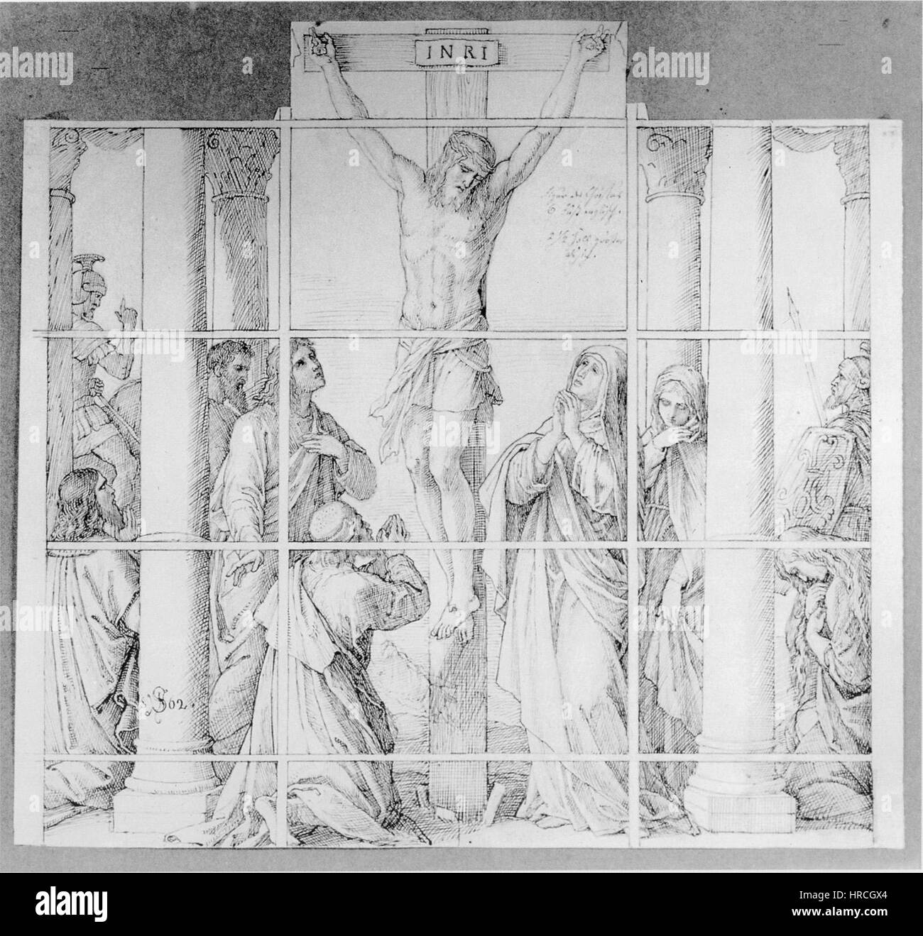 'Kreuzigung' (Crucifixion) de Johann Gottfried Schnorr von Carolsfeld est une représentation dramatique de la crucifixion du Christ. L’œuvre capte une émotion intense et un symbolisme religieux, mettant en vedette le Christ sur la croix avec des figures de deuil au premier plan. Cette pièce fait partie d’une série commandée pour la cathédrale de Saint Paul, démontrant l’habileté de l’artiste dans les récits religieux. Banque D'Images