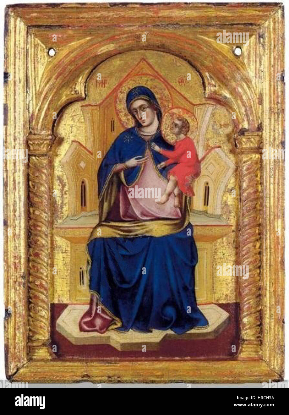 'Madonna con Bambino in Trono' de Semitecolo-Nicoletto est une peinture de la Renaissance représentant la Vierge Marie avec l'enfant Jésus assis sur un trône. L'œuvre met en valeur l'iconographie religieuse classique et des éléments symboliques détaillés. Banque D'Images