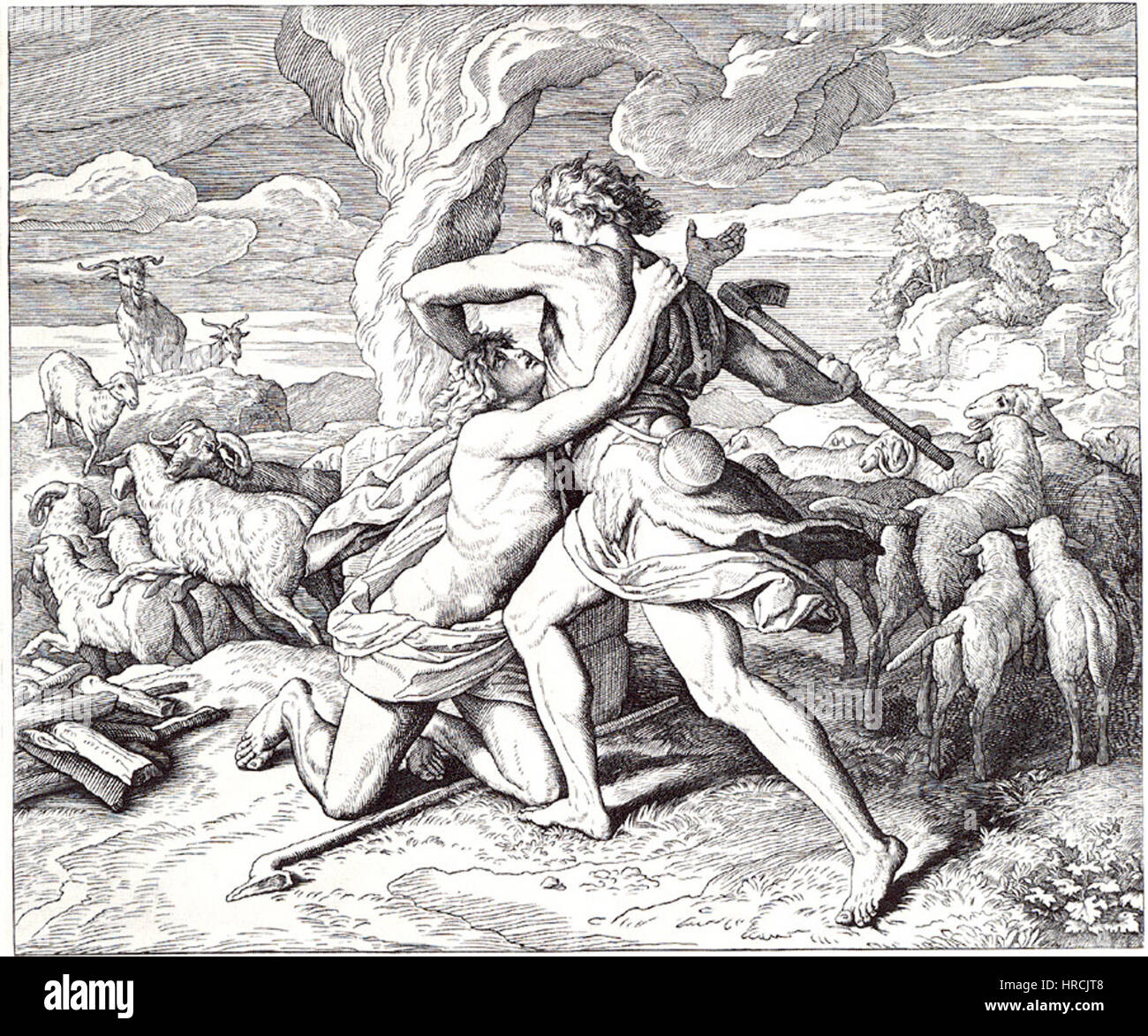 Cette illustration de Julius Schnorr von Carolsfeld, tirée de l'édition de 1860 du 'Bibel in Bildern', représente une scène biblique avec des détails vifs. La série a été conçue pour donner vie aux écritures à travers l'art, dépeignant des moments importants de la Bible avec réalisme et clarté. Banque D'Images