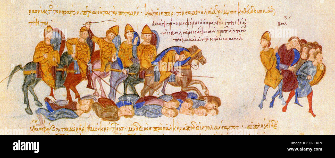 L’illustration manuscrite « Skylitzes-Ouranos tue les Bulgares » représente une scène historique dramatique de l’histoire byzantine. Il dépeint le violent affrontement entre l'Empire byzantin et les Bulgares, avec des détails complexes et une action dynamique. Banque D'Images