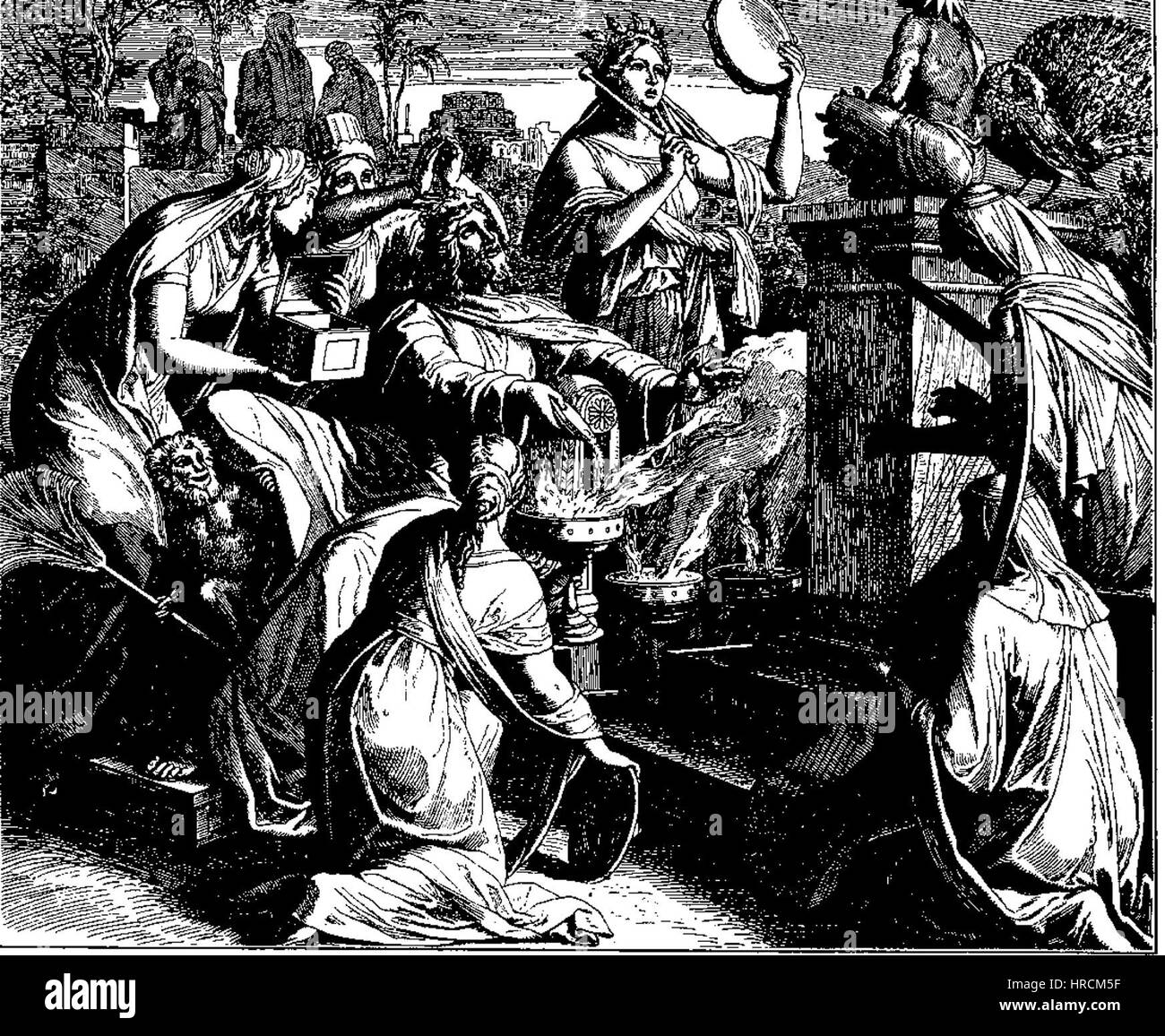 Le 'Bibel in Bildern' de Schnorr von Carolsfeld, publié en 1860, est une Bible illustrée bien connue. Les gravures de l’artiste fournissent des interprétations détaillées de scènes bibliques, démontrant le style et les thèmes religieux de l’époque. C'est un exemple significatif d'illustration religieuse du XIXe siècle. Banque D'Images