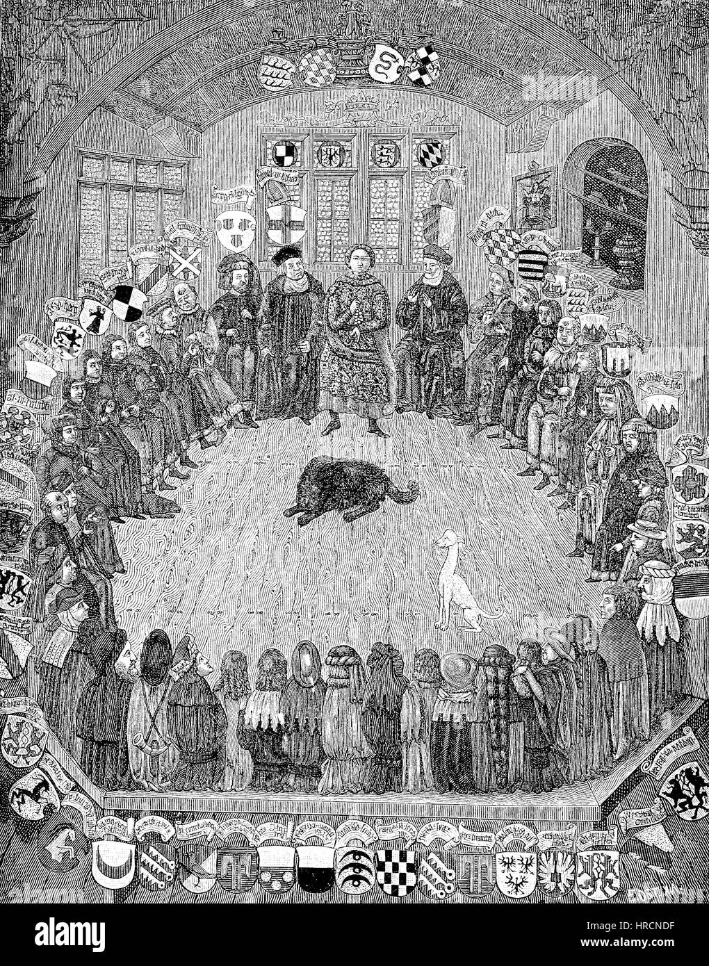 Une réunion du Cercle de Souabe, début du xvie siècle, l'Allemagne. Le cercle de Souabe ou cercle de Souabe, Schwaebischer Reichskreis aussi Schwaebischer, Kreis, était un cercle impérial du Saint Empire Romain, créé en 1500 sur le territoire de l'ancienne tige-duché de Souabe, reproduction d'une gravure sur bois du xixe siècle, 1885 Banque D'Images