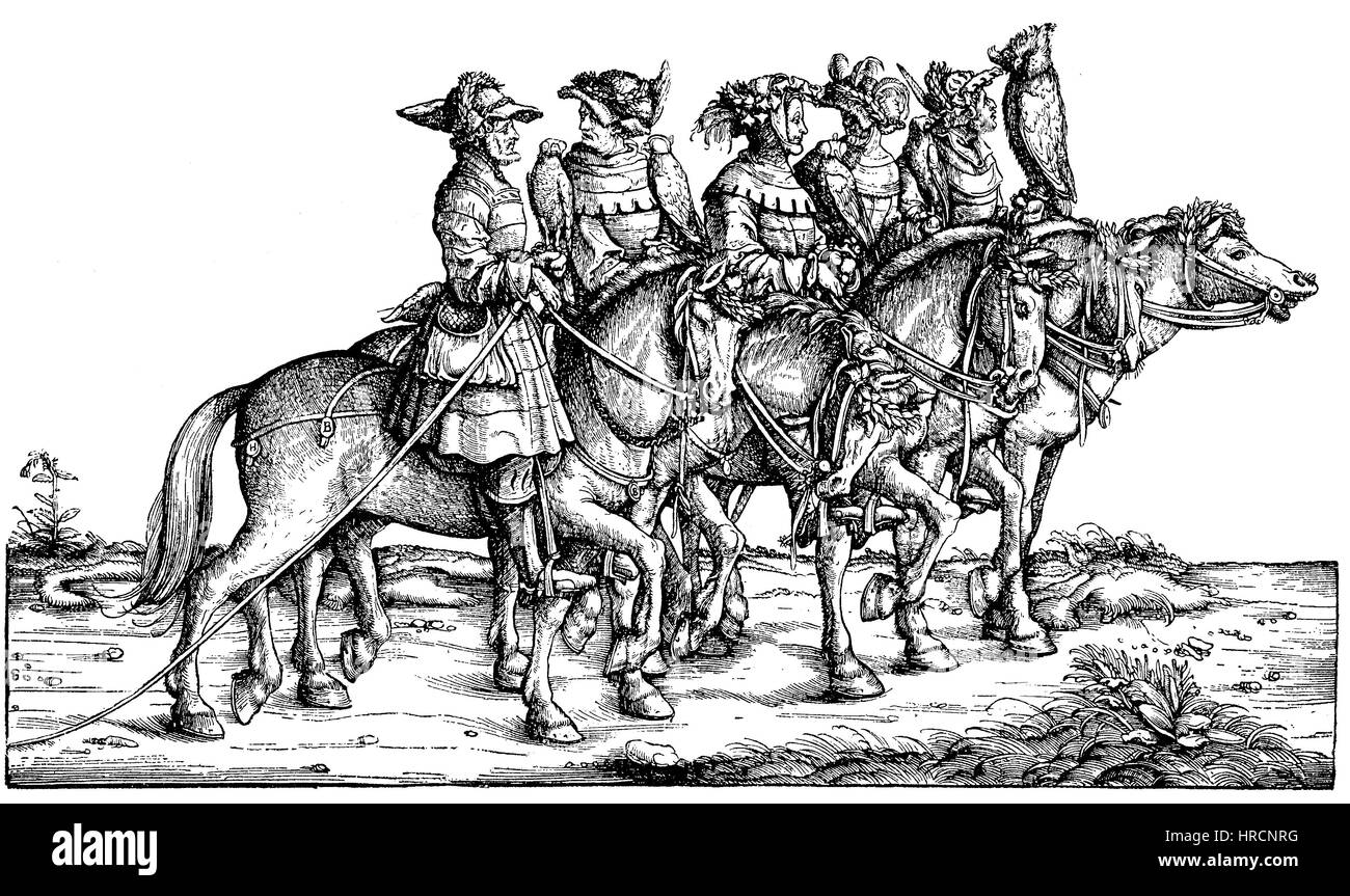 La fauconnerie, Horseman avec falcon, Allemagne, Groupe de Maximilians I. La chasse, télécopie de Hans Burgkmair gravure sur bois : le cortège triomphal, Triumphzug, ou des triomphes de Maximilian est une monumentale 16ème siècle , reproduction d'une gravure sur bois du xixe siècle, 1885 Banque D'Images