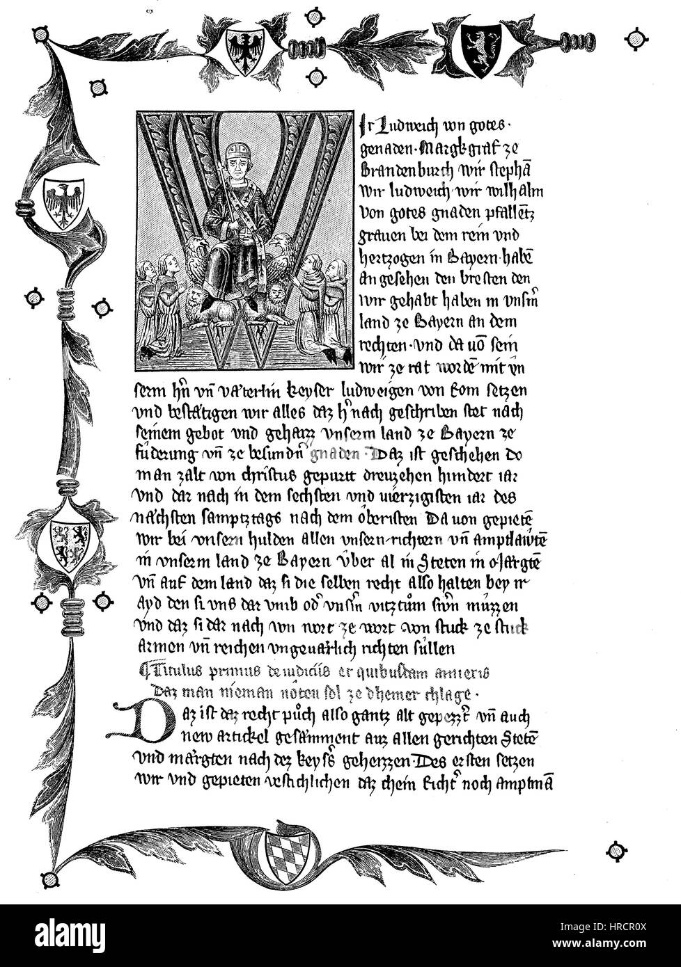 Première page du manuscrit le plus ancien du livre juridique de l'Empereur Ludwig des Baiern, 1346, Allemagne. Louis IV, 1282 - 1347, a appelé le bavarois, reproduction d'une gravure sur bois du xixe siècle, 1885 Banque D'Images