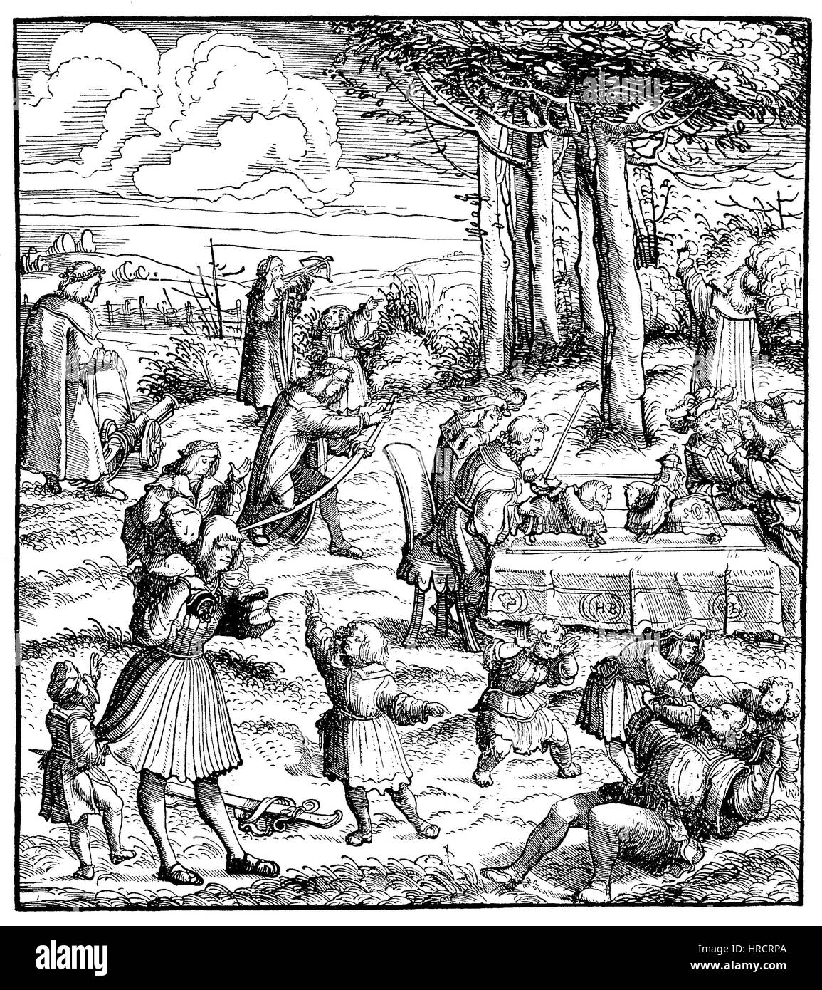 Jeux de la jeunesse, le jeune Maximilien avec ses joueurs, représentés dans le fac-similé de la gravure sur bois de Hans Burgkmair, Allemagne. Maximilian I., 1459 - 1519, roi des Romains, également connu sous le nom de Roi des Allemands, à partir de 1486 et le Saint Empereur romain à partir de 1493 jusqu'à sa mort, reproduction d'une gravure sur bois du xixe siècle, 1885 Banque D'Images