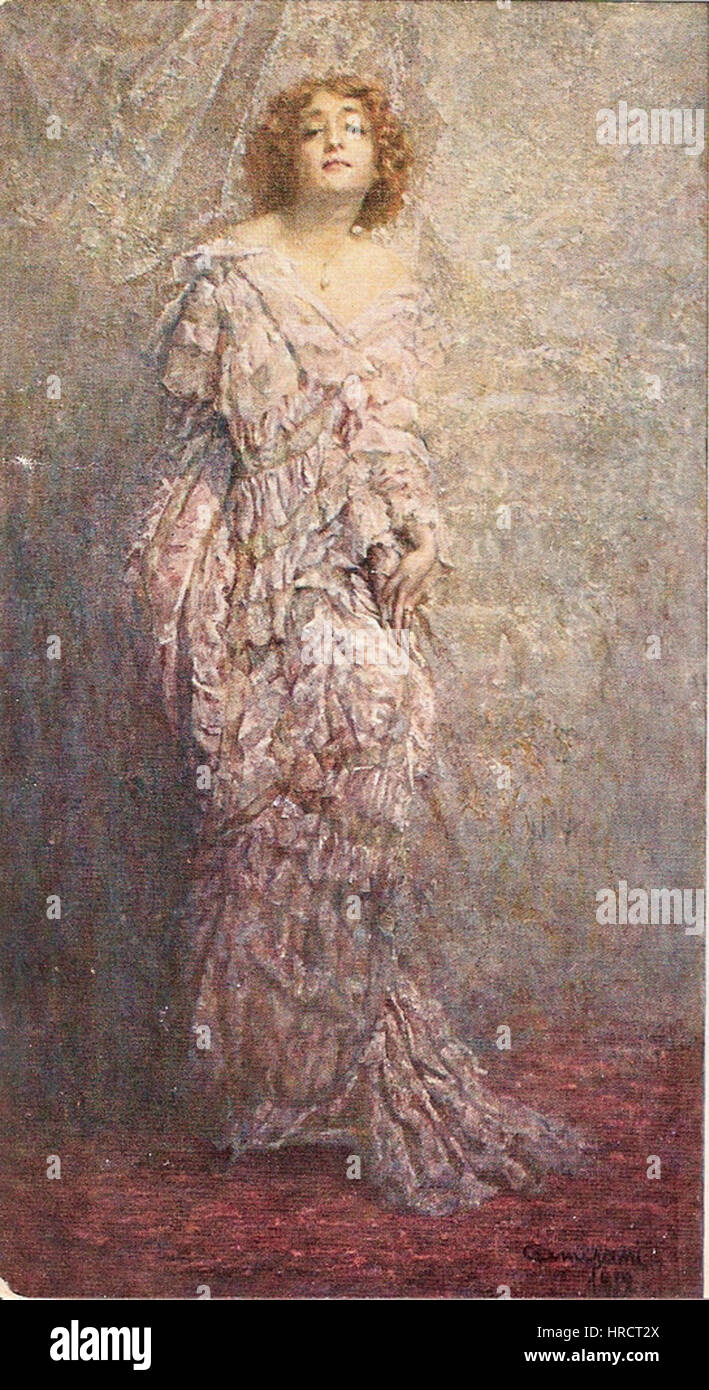 Le portrait de Lyda Borelli par Giuseppe Amisani capture l'actrice dans une pose élégante et bien ajustée. La peinture met en valeur la beauté et la présence dramatique de Borelli, typiques de ses performances dans le cinéma italien du début du XXe siècle. Banque D'Images