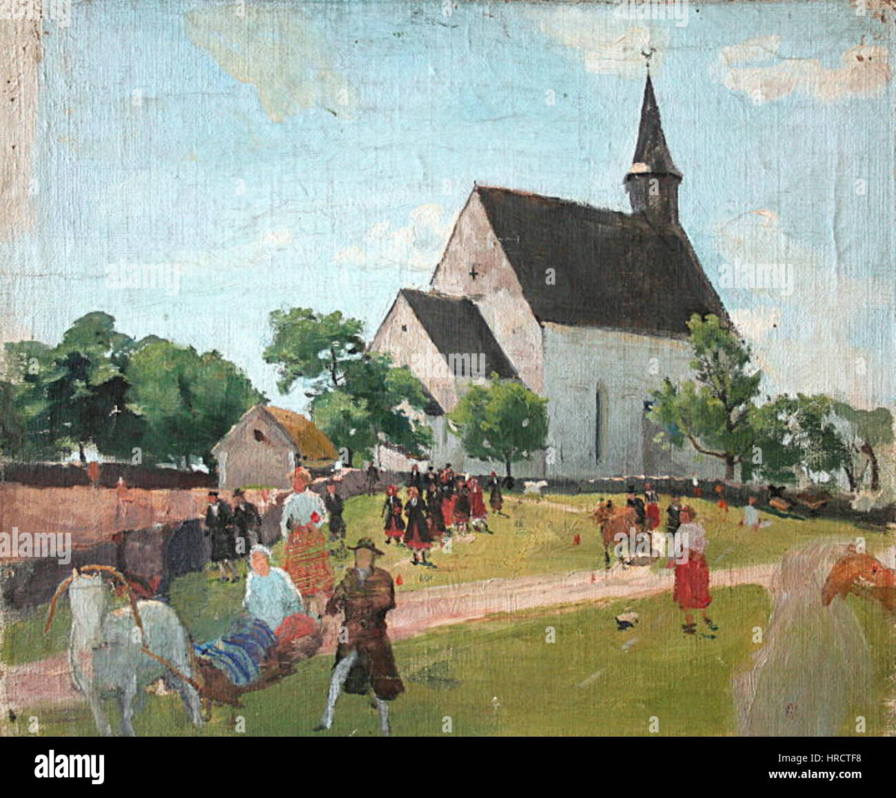 La peinture de Paul Raud représentant l’église de Muhu capture la beauté simple mais saisissante de cette structure estonienne historique. Située dans le paysage rural de l'île de Muhu, l'église est un symbole de la vie culturelle et religieuse locale, en mettant l'accent sur ses caractéristiques architecturales. Banque D'Images
