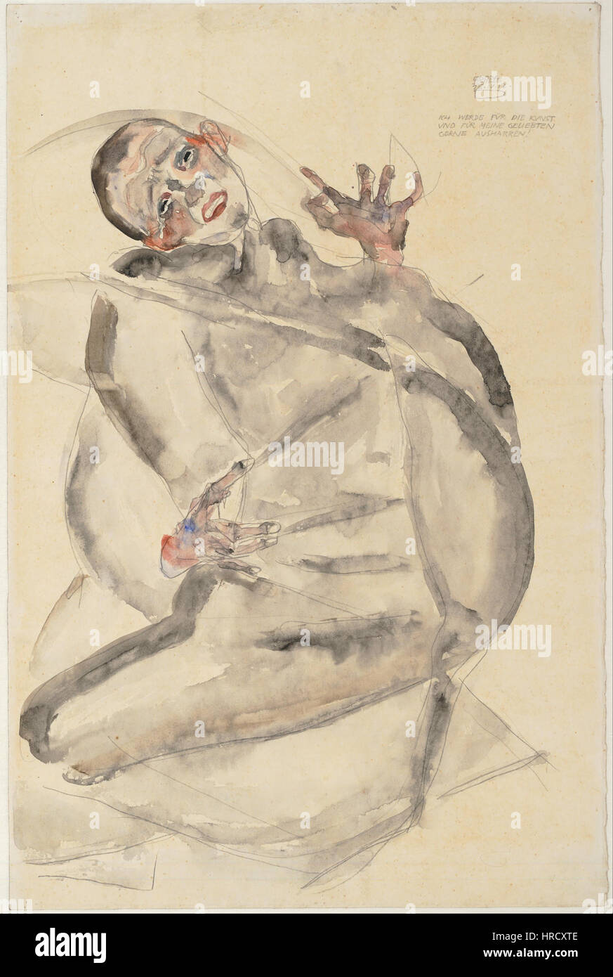 L’autoportrait d’Egon Schiele de 1912, « je serai heureux de vivre pour Art et mes proches », reflète son profond engagement émotionnel envers son métier. Les lignes audacieuses et expressives et le regard intense illustrent l’approche moderniste de Schiele en matière de portrait. Banque D'Images