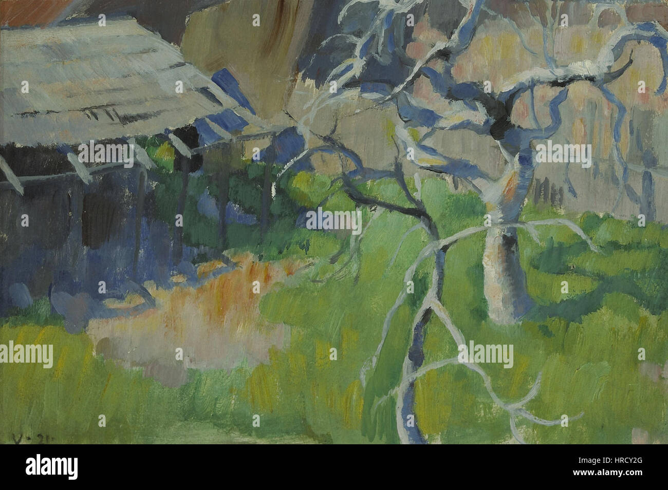 « Le figuier » (1921) d’Edouard Vysekal capture la beauté naturelle et la riche texture du figuier. La peinture met en évidence le contraste entre l'écorce solide et rugueuse et les feuilles douces et luxuriantes, reflétant l'attention portée par Vysekal aux détails dans naturalist complet Banque D'Images