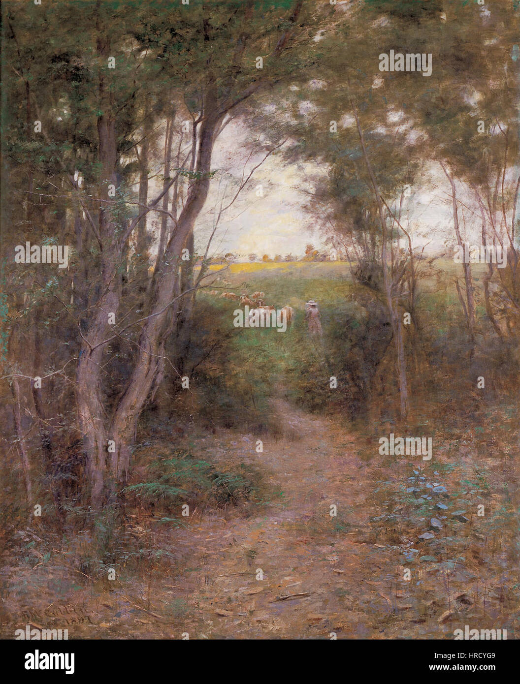 « A Ti-Tree Glade » de Frederick McCubbin dépeint un paysage australien serein, avec une clairière entourée de TI-Trees. McCubbin capture la beauté naturelle de l'environnement, mettant en valeur les couleurs riches et la lumière de la scène. Banque D'Images