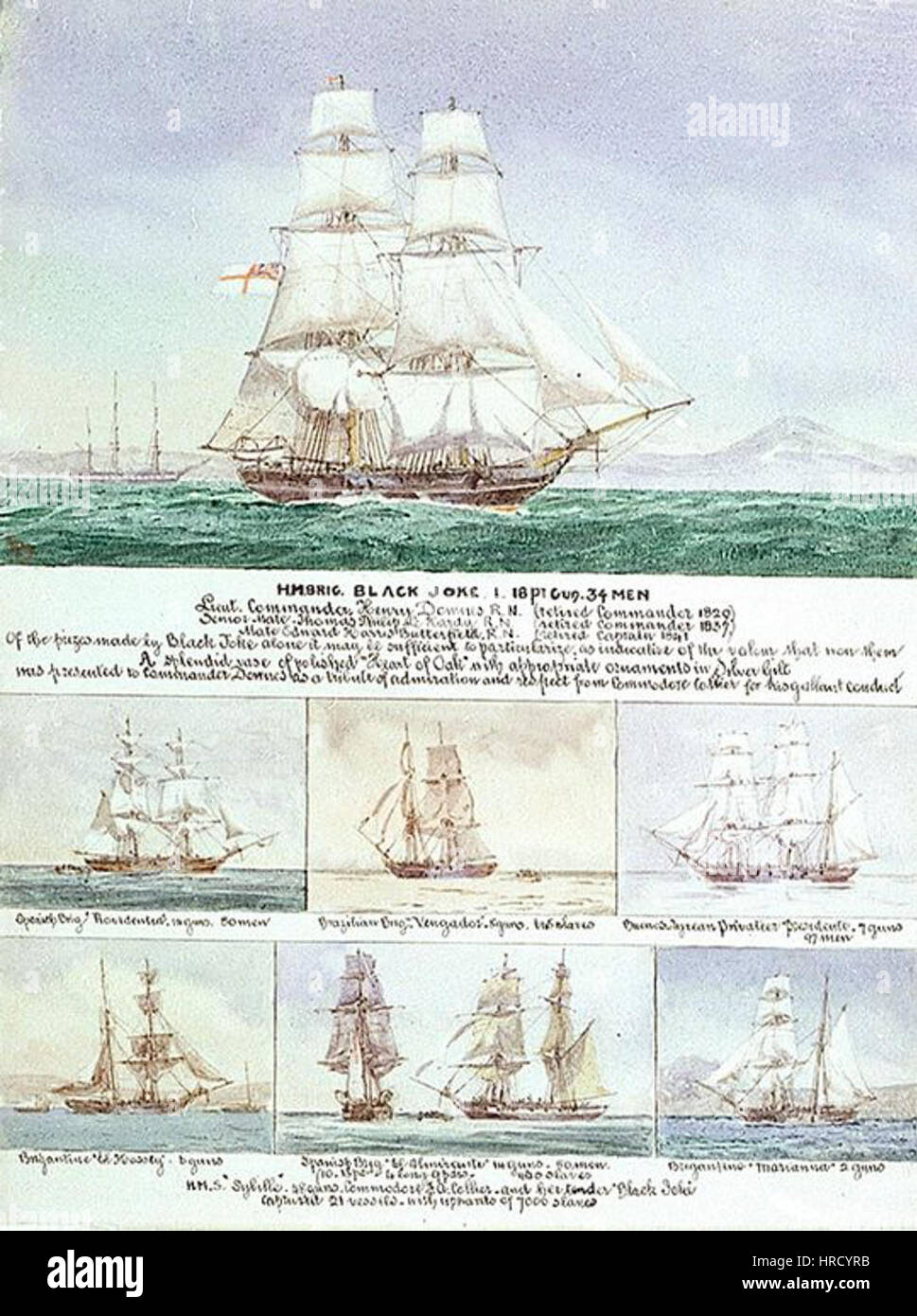 Le HMS Black Joke, actif en 1827, était connu pour son rôle dans la guerre navale. La peinture ou la représentation du navire commémore probablement ses réalisations militaires, y compris la capture de prix pendant son service, reflétant l'importance historique de la marine britannique au XIXe siècle. Banque D'Images