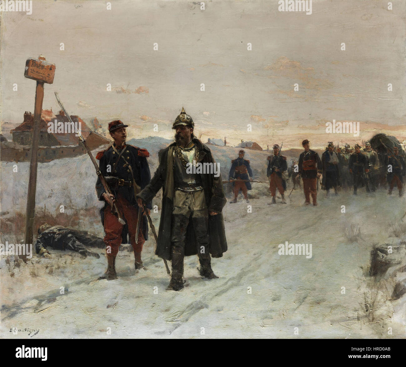 'Szene aus dem dt-frz Krieg' de Paul Emile Boutigny dépeint une scène dramatique de la guerre franco-prussienne, soulignant la nature intense et chaotique du conflit. Le style de Boutigny capture l’émotion humaine et la brutalité de la guerre, en se concentrant à la fois sur les soldats et l’impact de la bataille. Banque D'Images