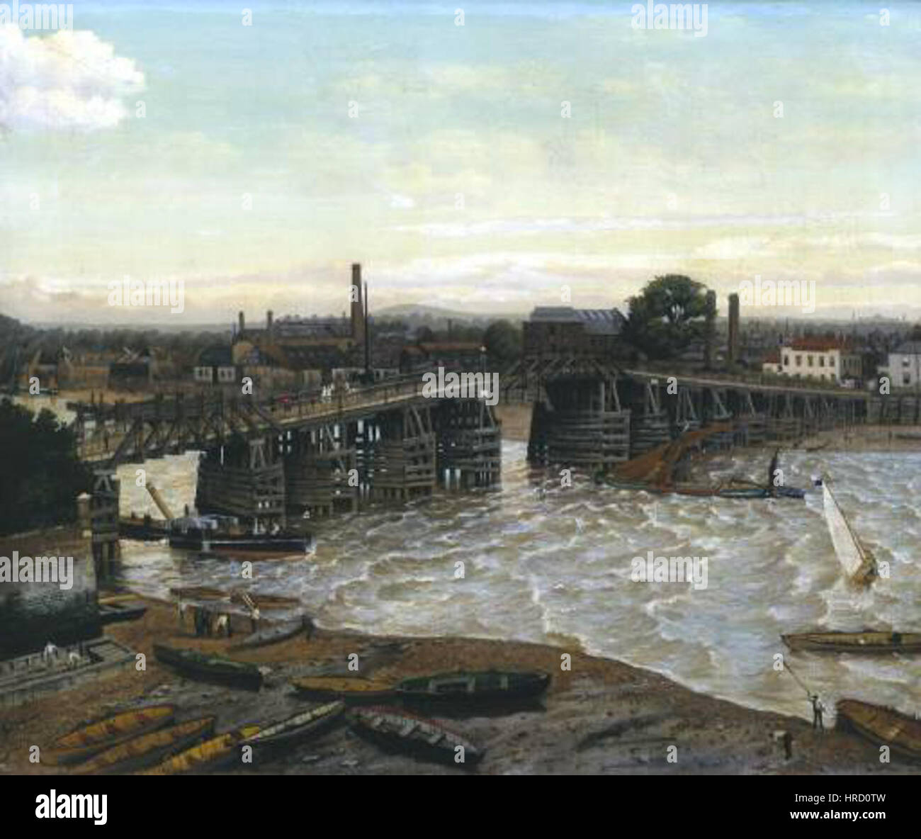 « Old Battersea Bridge 1874 » de Greaves est une peinture de l'époque victorienne qui capture l'emblématique Battersea Bridge sur la Tamise à Londres. La peinture met en valeur les caractéristiques historiques et architecturales du pont dans le paysage urbain animé. Banque D'Images