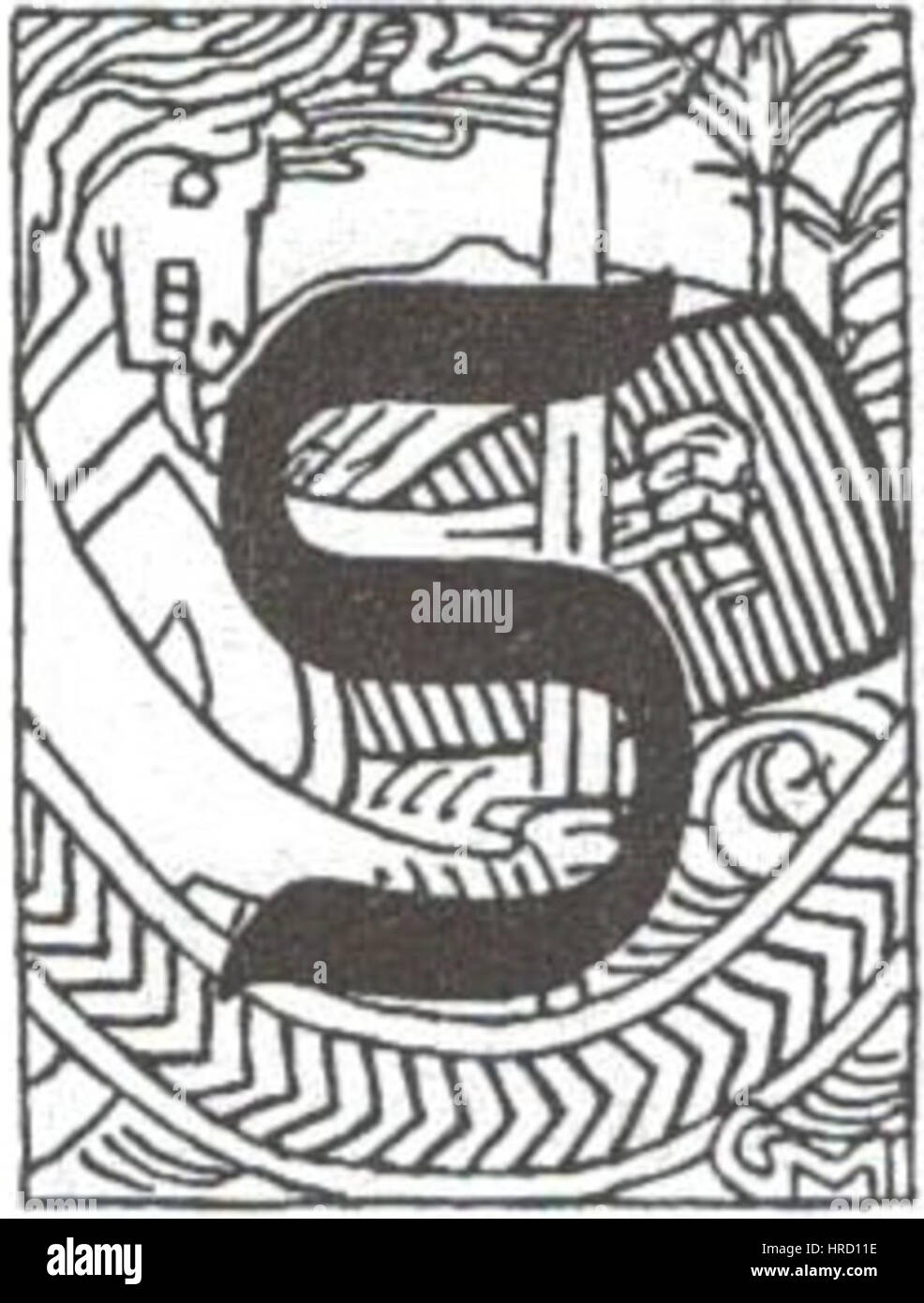 Cette illustration manuscrite de G. Munthe représente une première lettre de la saga de Harald Hardråde, un roi viking. L'œuvre met en valeur le style médiéval de l'enluminure manuscrite et l'accent mis sur l'histoire et la mythologie vikings. Banque D'Images