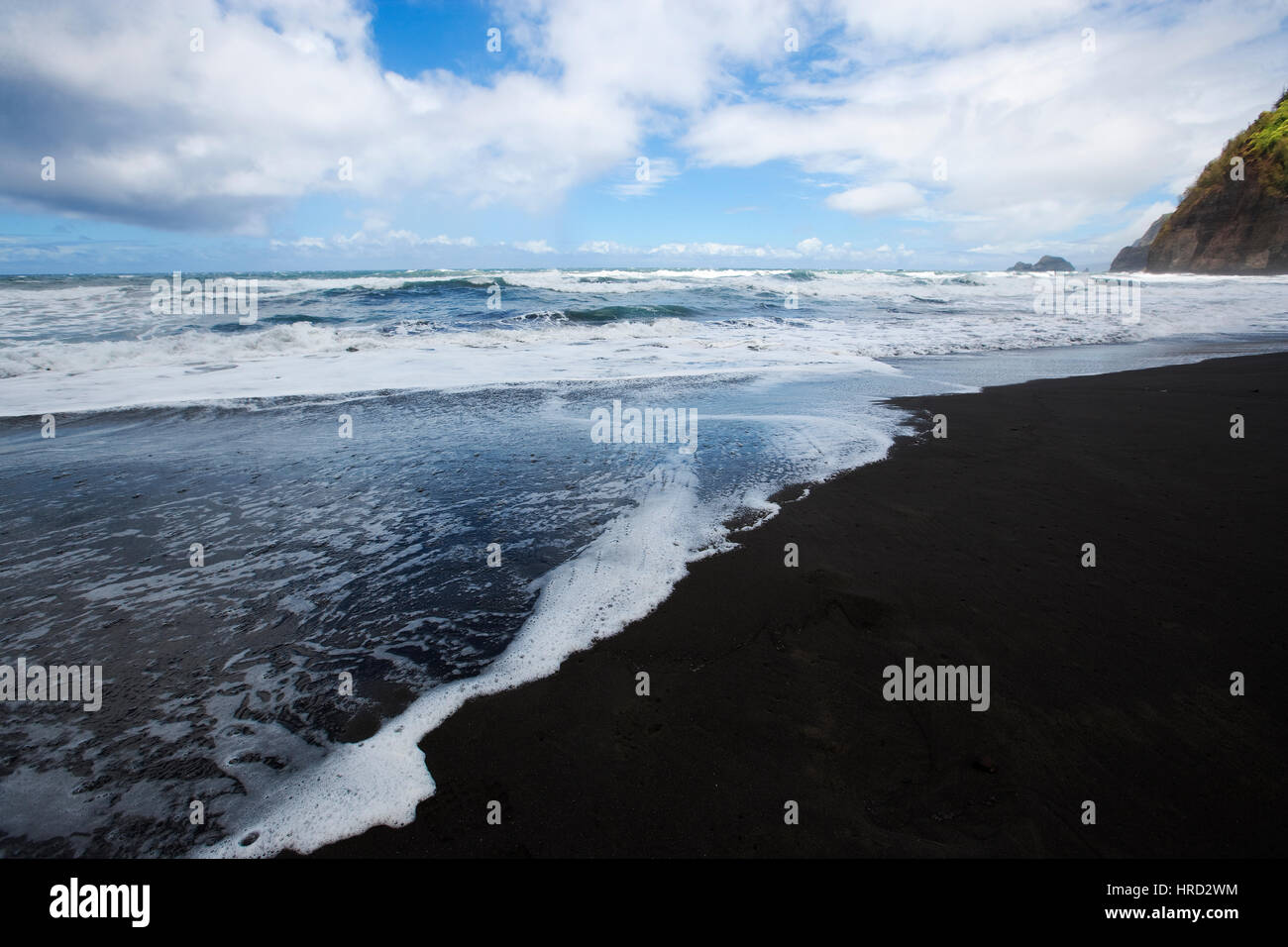 Plage de sable noir, la plage de Pololu, Kohala Nord, Big Island, Hawaii Banque D'Images