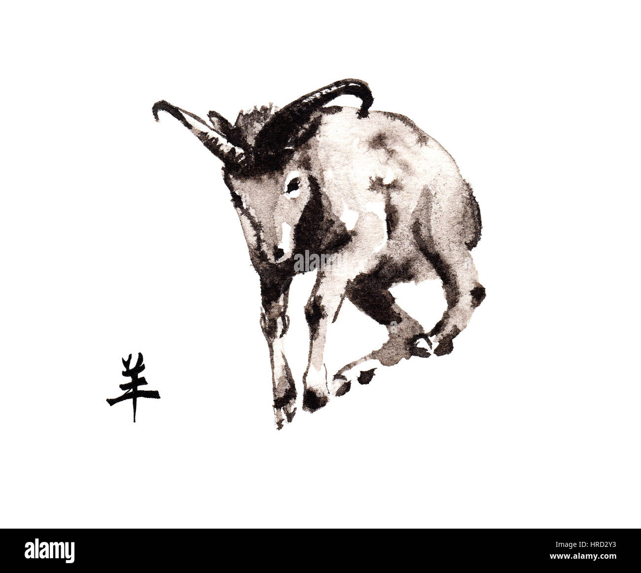 L'argali bondissant oriental peinture encre ram avec hiéroglyphe chinois chèvre ''. Symbole de la nouvelle année de la chèvre, brebis. Banque D'Images